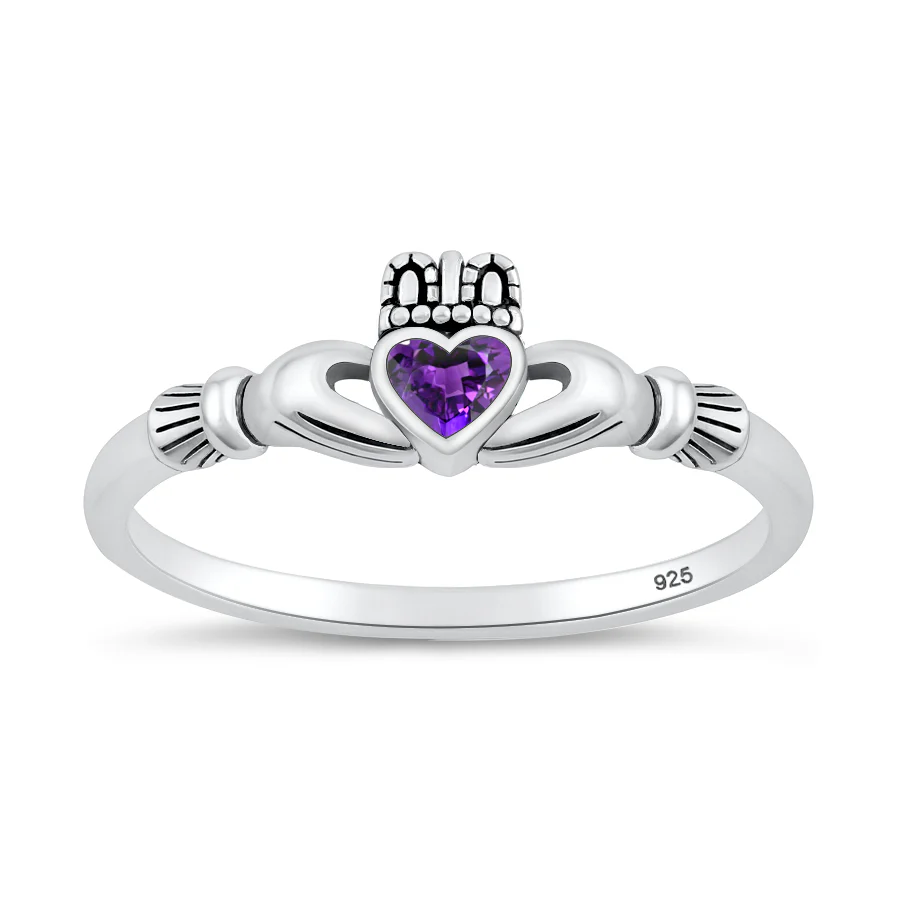Sterling Silver Oxidized And Polished Amethyst CZ Claddagh Ring