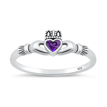 Load image into Gallery viewer, Sterling Silver Oxidized And Polished Amethyst CZ Claddagh Ring