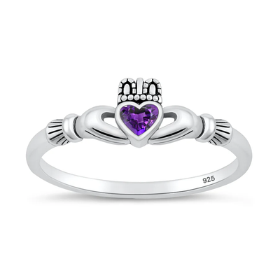 Sterling Silver Oxidized And Polished Amethyst CZ Claddagh Ring
