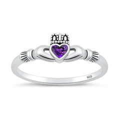 Sterling Silver Oxidized And Polished Amethyst CZ Claddagh Ring