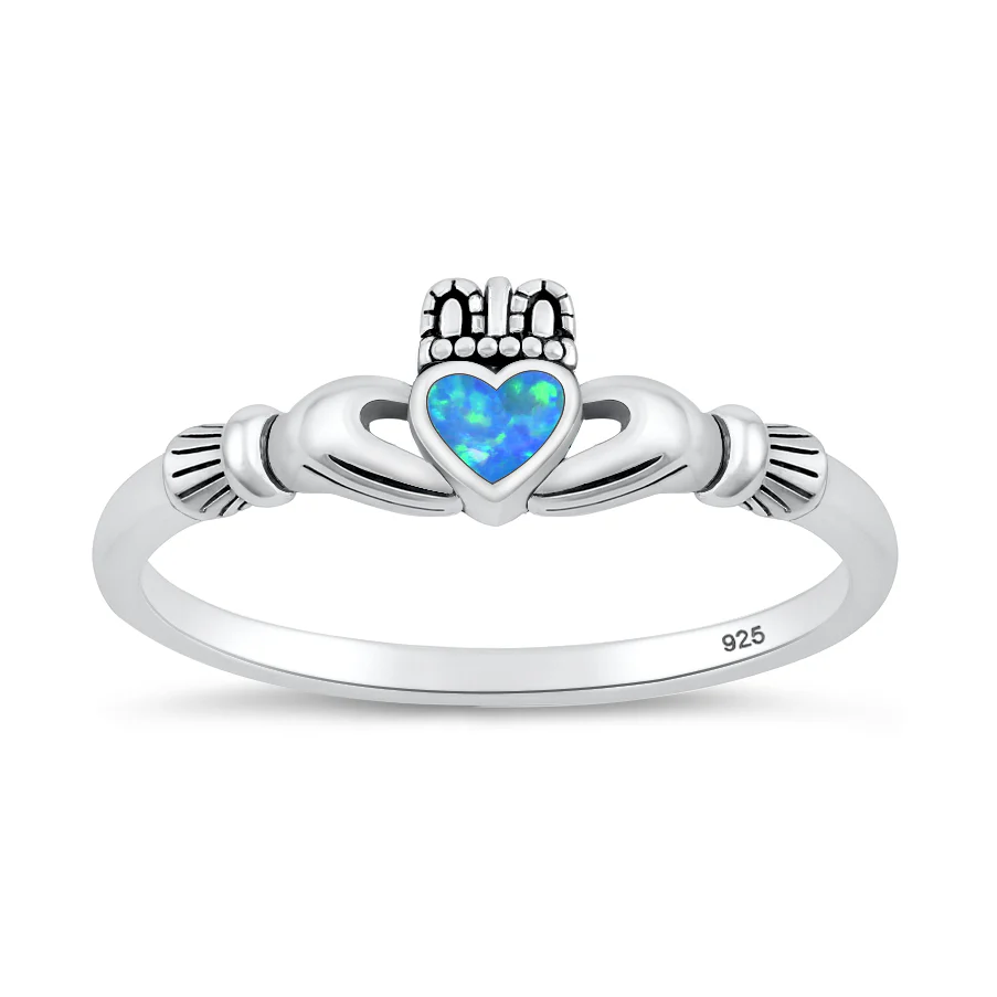 Sterling Silver Oxidized And Polished Claddagh Blue Lab Opal Ring
