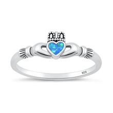 Load image into Gallery viewer, Sterling Silver Oxidized And Polished Claddagh Blue Lab Opal Ring