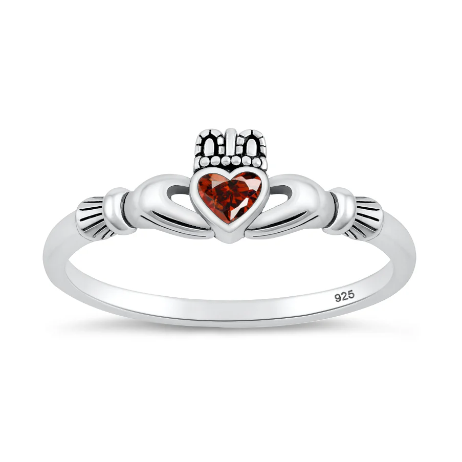 Sterling Silver Oxidized And Polished Garnet CZ Claddagh Ring
