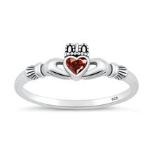Load image into Gallery viewer, Sterling Silver Oxidized And Polished Garnet CZ Claddagh Ring