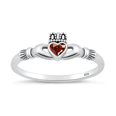 Sterling Silver Oxidized And Polished Garnet CZ Claddagh Ring