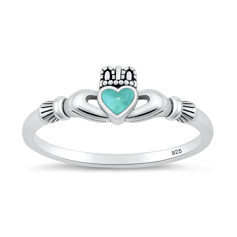 Sterling Silver Oxidized And Polished Claddagh Genuine Turquoise Stone Ring
