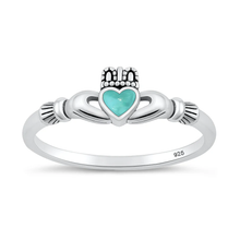 Load image into Gallery viewer, Sterling Silver Oxidized And Polished Claddagh Genuine Turquoise Stone Ring