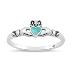 Sterling Silver Oxidized And Polished Claddagh Genuine Turquoise Stone Ring