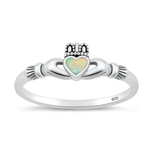 Load image into Gallery viewer, Sterling Silver Oxidized And Polished Claddagh White Lab Opal Ring