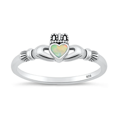 Sterling Silver Oxidized And Polished Claddagh White Lab Opal Ring