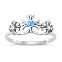 Load image into Gallery viewer, Sterling Silver Oxidized And Polished Crosses Blue Lab Opal Ring