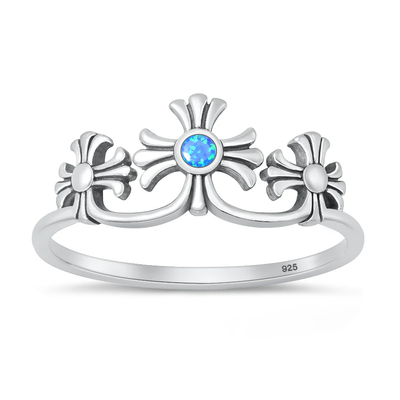 Sterling Silver Oxidized And Polished Crosses Blue Lab Opal Ring