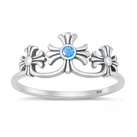 Sterling Silver Oxidized And Polished Crosses Blue Lab Opal Ring
