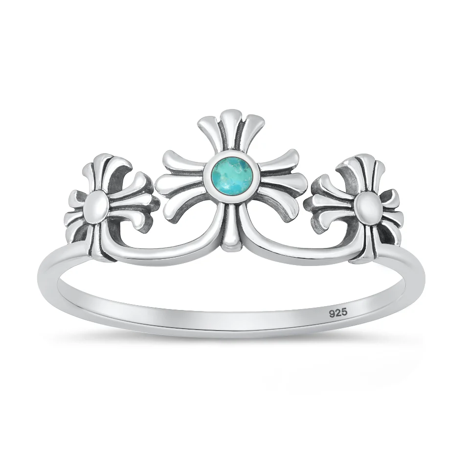 Sterling Silver Oxidized And Polished Crosses Genuine Turquoise Stone Ring