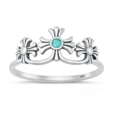 Sterling Silver Oxidized And Polished Crosses Genuine Turquoise Stone Ring