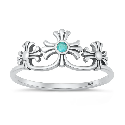 Sterling Silver Oxidized And Polished Crosses Genuine Turquoise Stone Ring