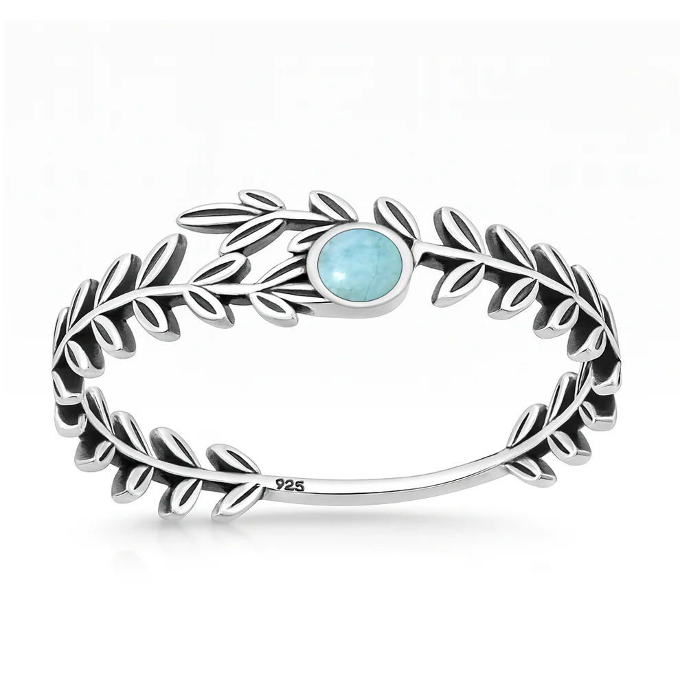 Sterling Silver Oxidized And Polished Wreath Larimar Stone Ring