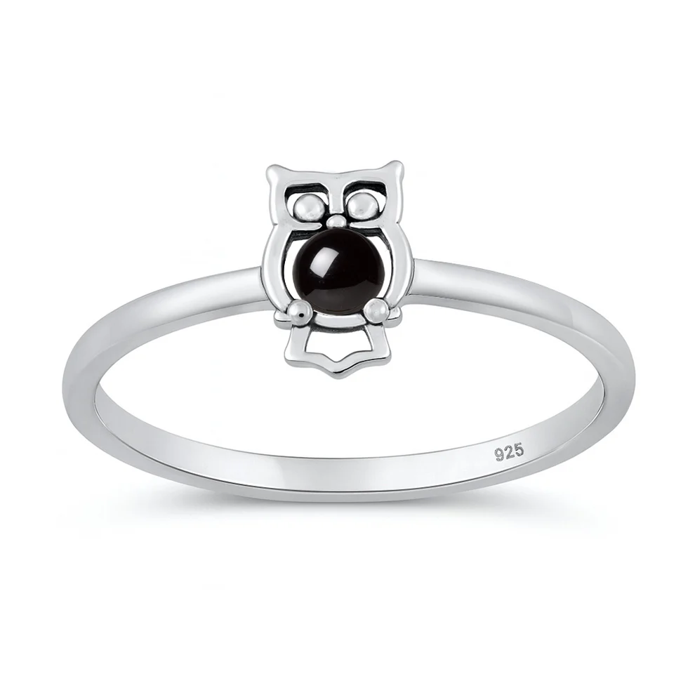 Sterling Silver Oxidized And Polished Owl Black Onyx Stone Ring