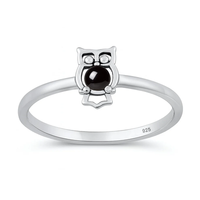Sterling Silver Oxidized And Polished Owl Black Onyx Stone Ring