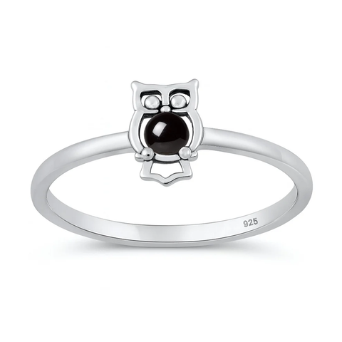 Sterling Silver Oxidized And Polished Owl Black Onyx Stone Ring