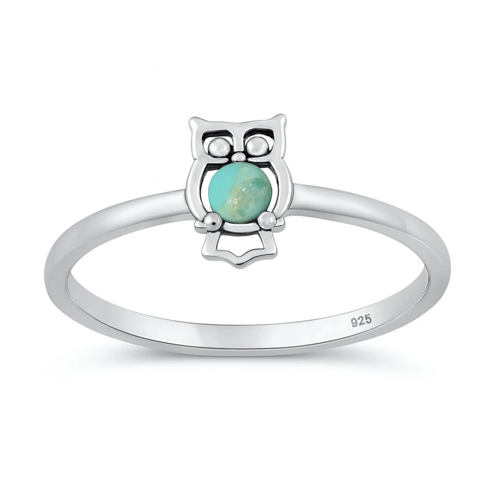 Sterling Silver Oxidized And Polished Owl Genuine Turquoise Stone Ring