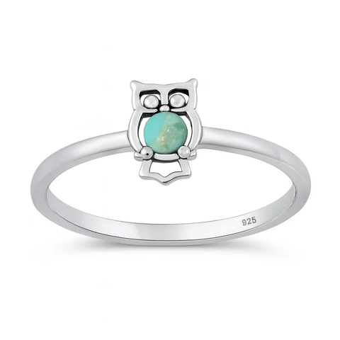 Sterling Silver Oxidized And Polished Owl Genuine Turquoise Stone Ring