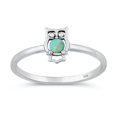 Sterling Silver Oxidized And Polished Owl Genuine Turquoise Stone Ring