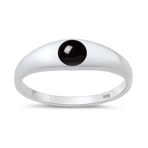 Sterling Silver Polished Black Agate Stone Ring