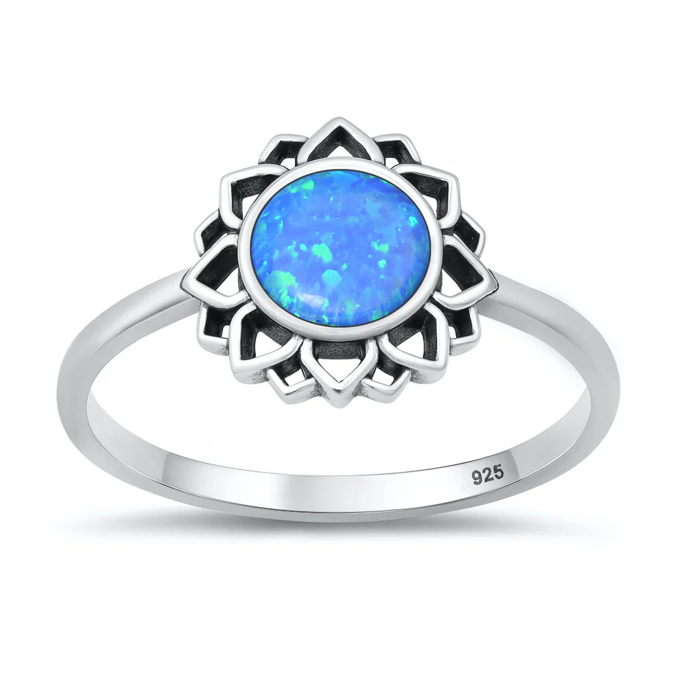 Sterling Silver Oxidized And Polished Mandala Blue Lab Opal Ring