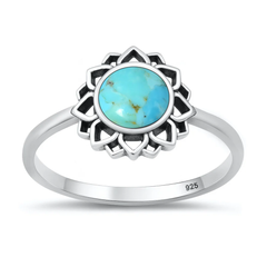 Sterling Silver Oxidized And Polished Mandala Genuine Turquoise Stone Ring