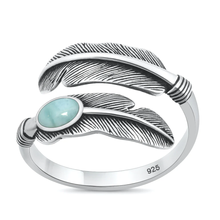 Load image into Gallery viewer, Sterling Silver Oxidized And Polished Feather Larimar Stone Ring Face Height-13.6mm