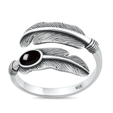 Load image into Gallery viewer, Sterling Silver Oxidized And Polished Feather Black Agate Stone Ring