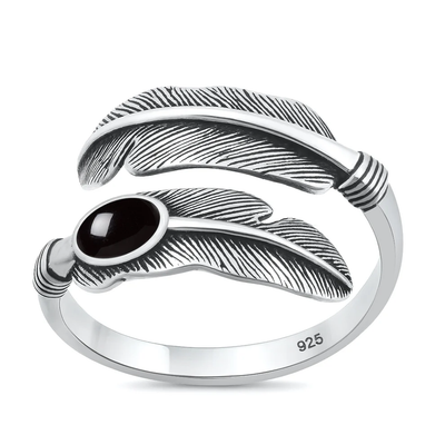 Sterling Silver Oxidized And Polished Feather Black Agate Stone Ring