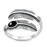 Sterling Silver Oxidized And Polished Feather Black Agate Stone Ring
