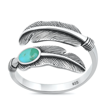 Load image into Gallery viewer, Sterling Silver Oxidized And Polished Feather Genuine Turquoise Stone Ring