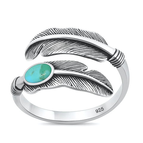Sterling Silver Oxidized And Polished Feather Genuine Turquoise Stone Ring
