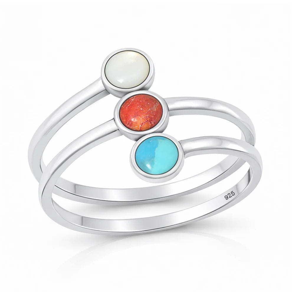 Sterling Silver Oxidized And Polished Rounds Multi Color Stone Ring