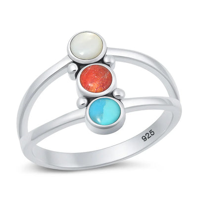 Sterling Silver Oxidized And Polished Round Multi Color Stone Ring