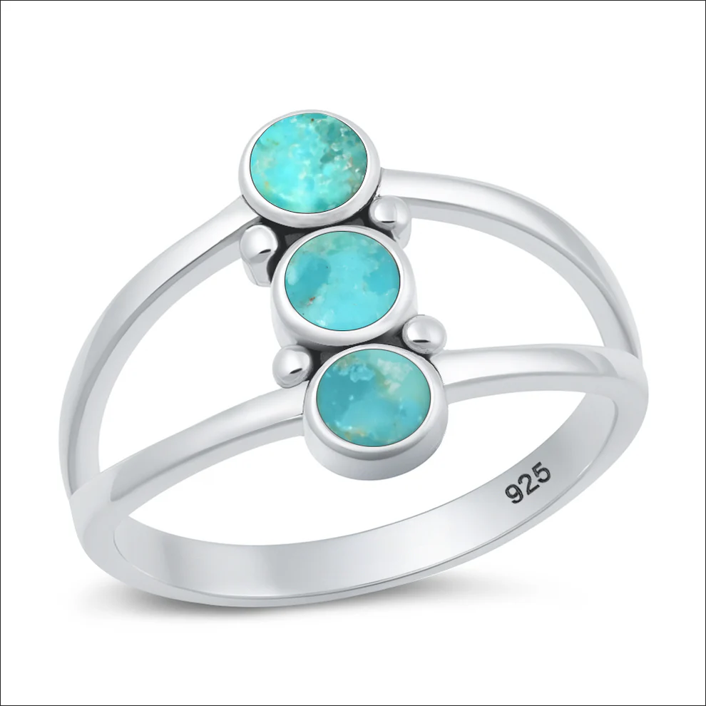 Sterling Silver Oxidized And Polished Rounds Genuine Turquoise Stone Ring