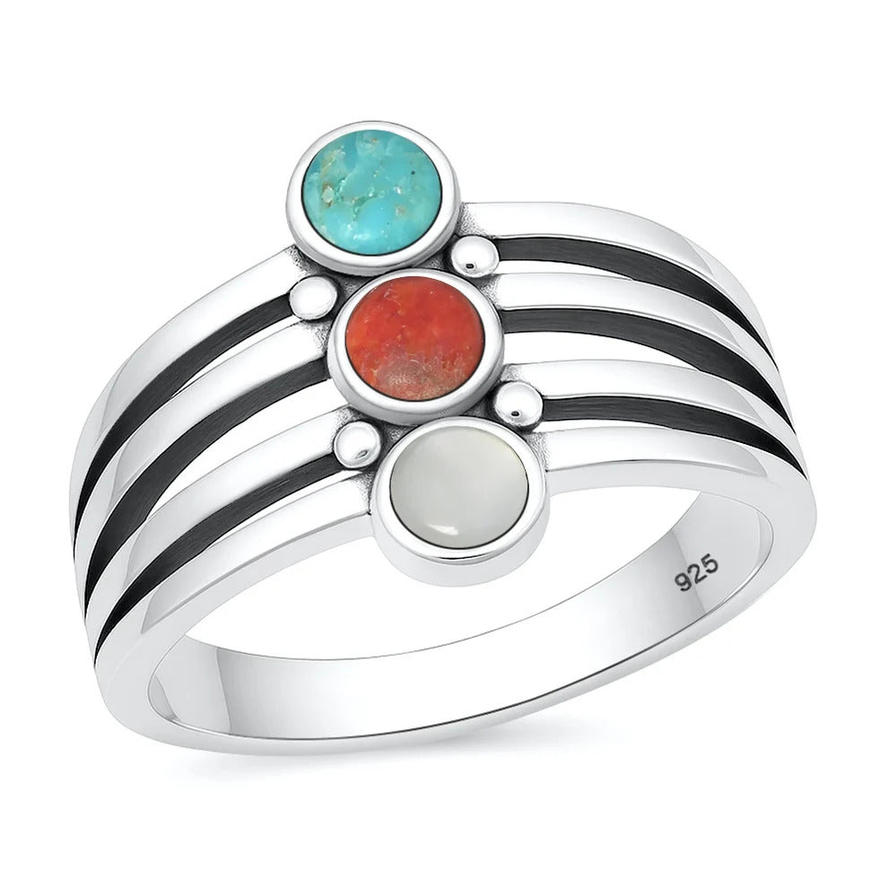Sterling Silver Oxidized And Polished 15mm Multi Color Stone Ring