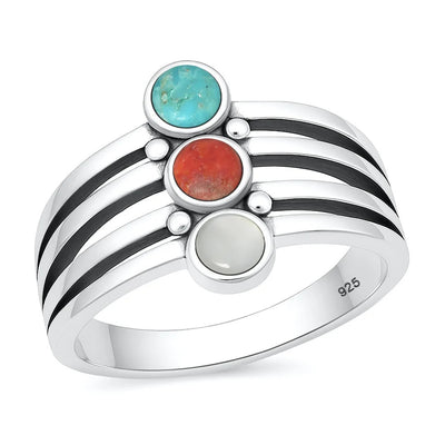 Sterling Silver Oxidized And Polished 15mm Multi Color Stone Ring
