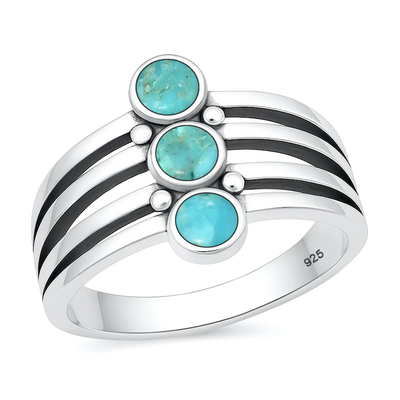 Sterling Silver Oxidized And Polished Lines With Circles Genuine Turquoise Stone Ring