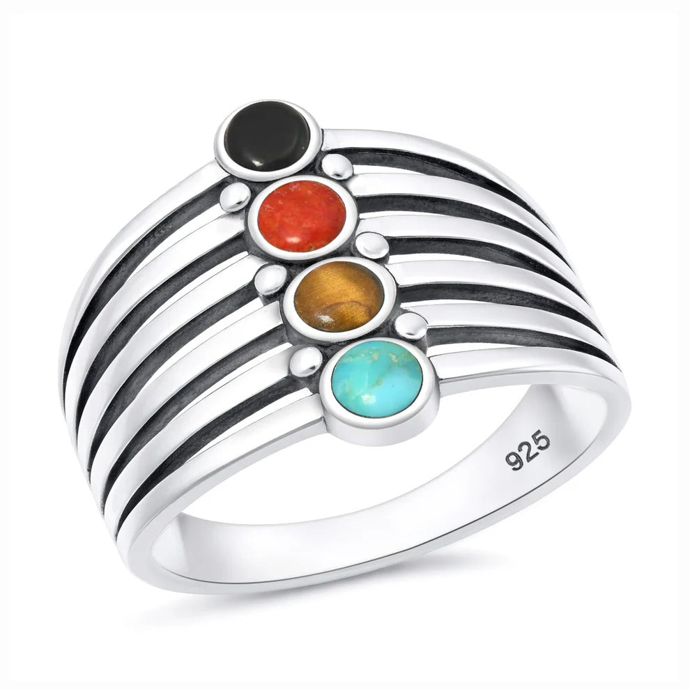 Sterling Silver Polished Multi Color Stone Ring
