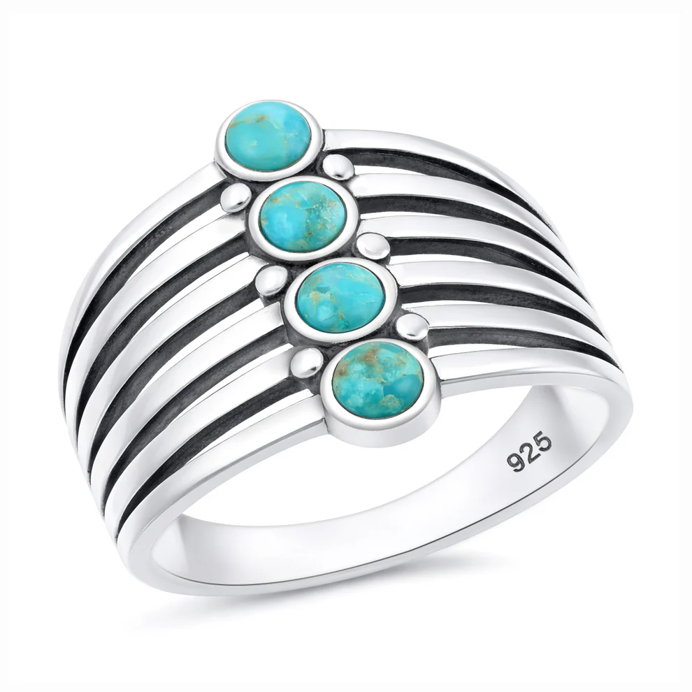 Sterling Silver Oxidized And Polished Stacked Stones Turquoise Stone Ring
