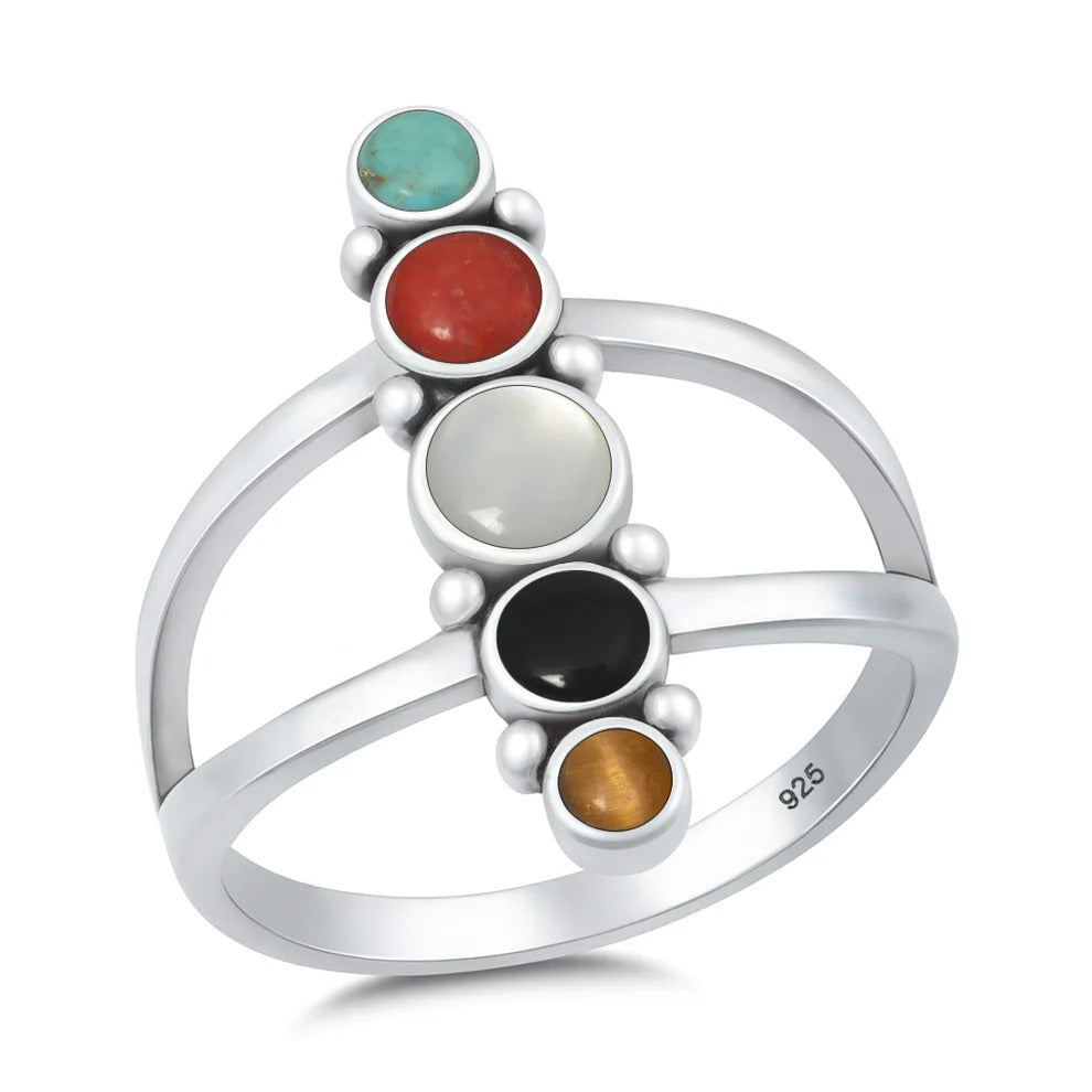 Sterling Silver Oxidized And Polished Multi Color Stone Ring