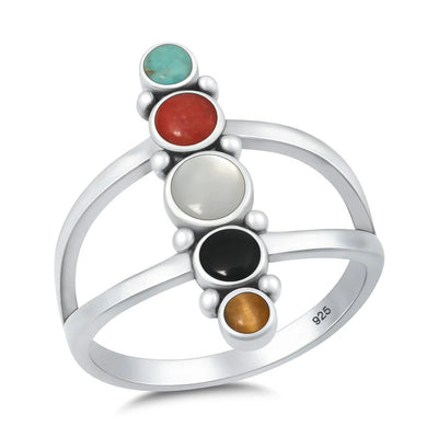 Sterling Silver Oxidized And Polished Multi Color Stone Ring