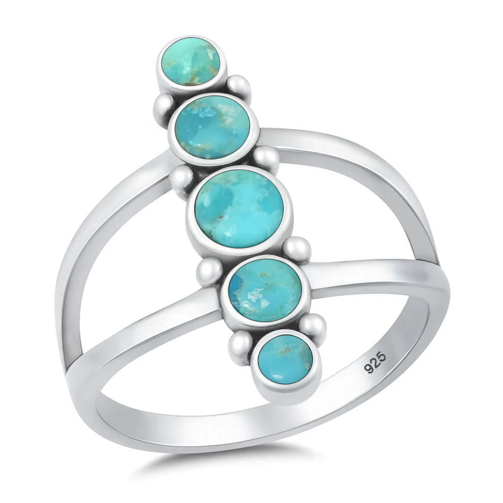 Sterling Silver Oxidized And Rhodium Plated Circles Genuine Turquoise Stone Ring