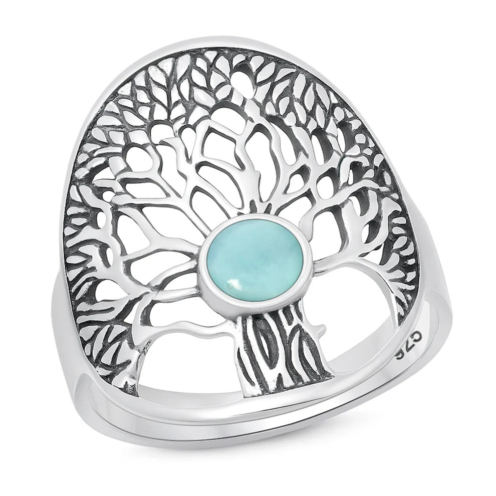 Sterling Silver Oxidized And Polished Tree Of Life Larimar Ring
