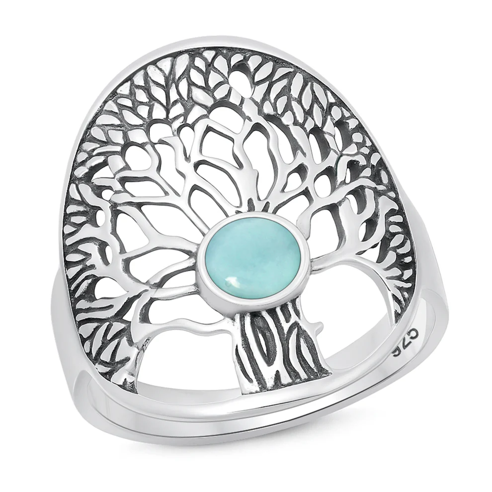 Sterling Silver Oxidized And Polished Tree Of Life Larimar Stone Ring