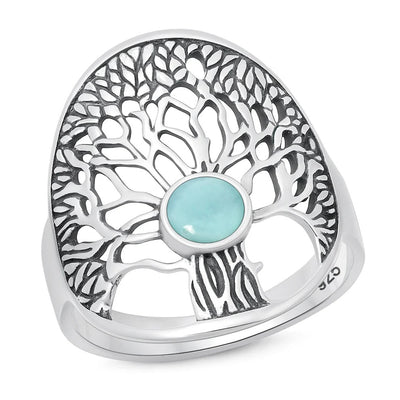 Sterling Silver Oxidized And Polished Tree Of Life Larimar Ring
